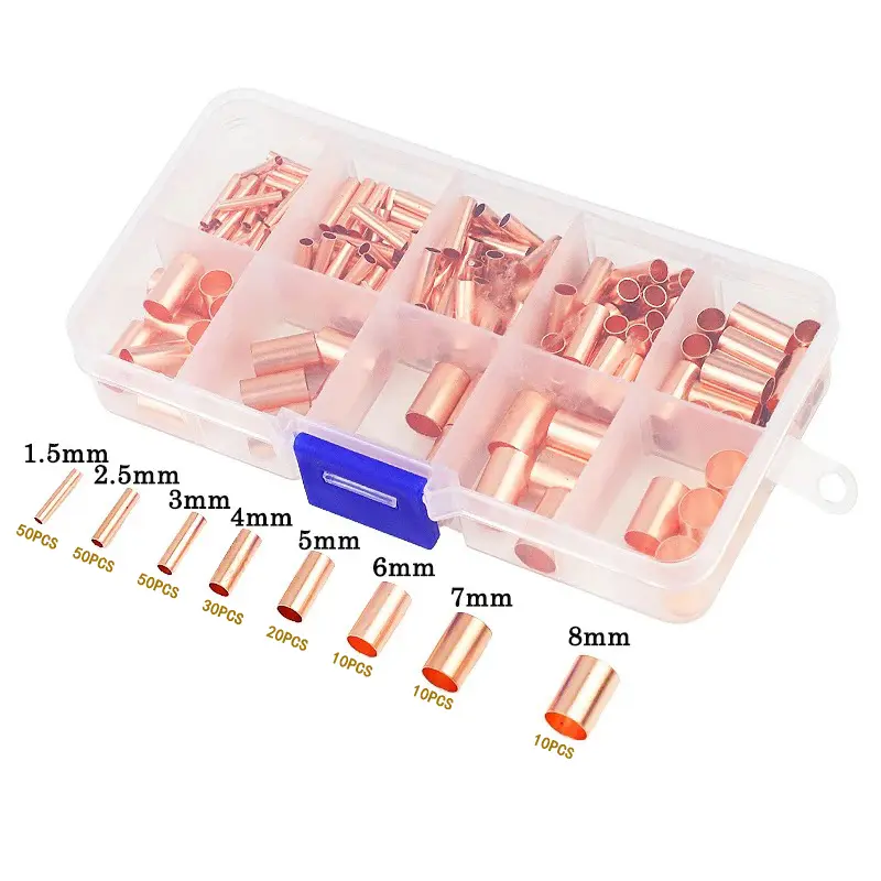 250/230/100PCS/20PCS Wire Ferrules Kit 8/7 Size Copper Crimp Connector Non Insulated Electrical Butt Terminal Assortment Kit