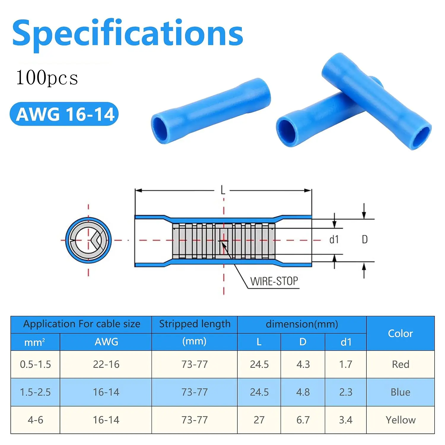 100pcs Blue Butt Connectors, Butt Splice Crimp Connectors, (16-14) AWG Insulated Electrical Wire Crimp Connectors, Butt Splice