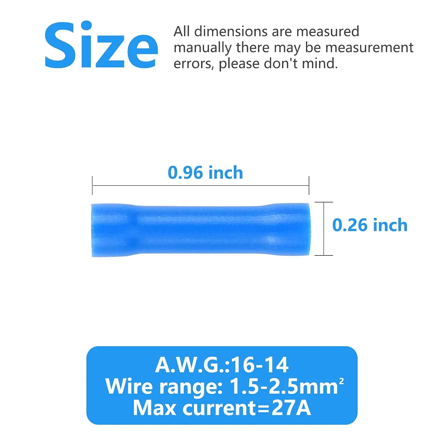100pcs Blue Butt Connectors, Butt Splice Crimp Connectors, (16-14) AWG Insulated Electrical Wire Crimp Connectors, Butt Splice