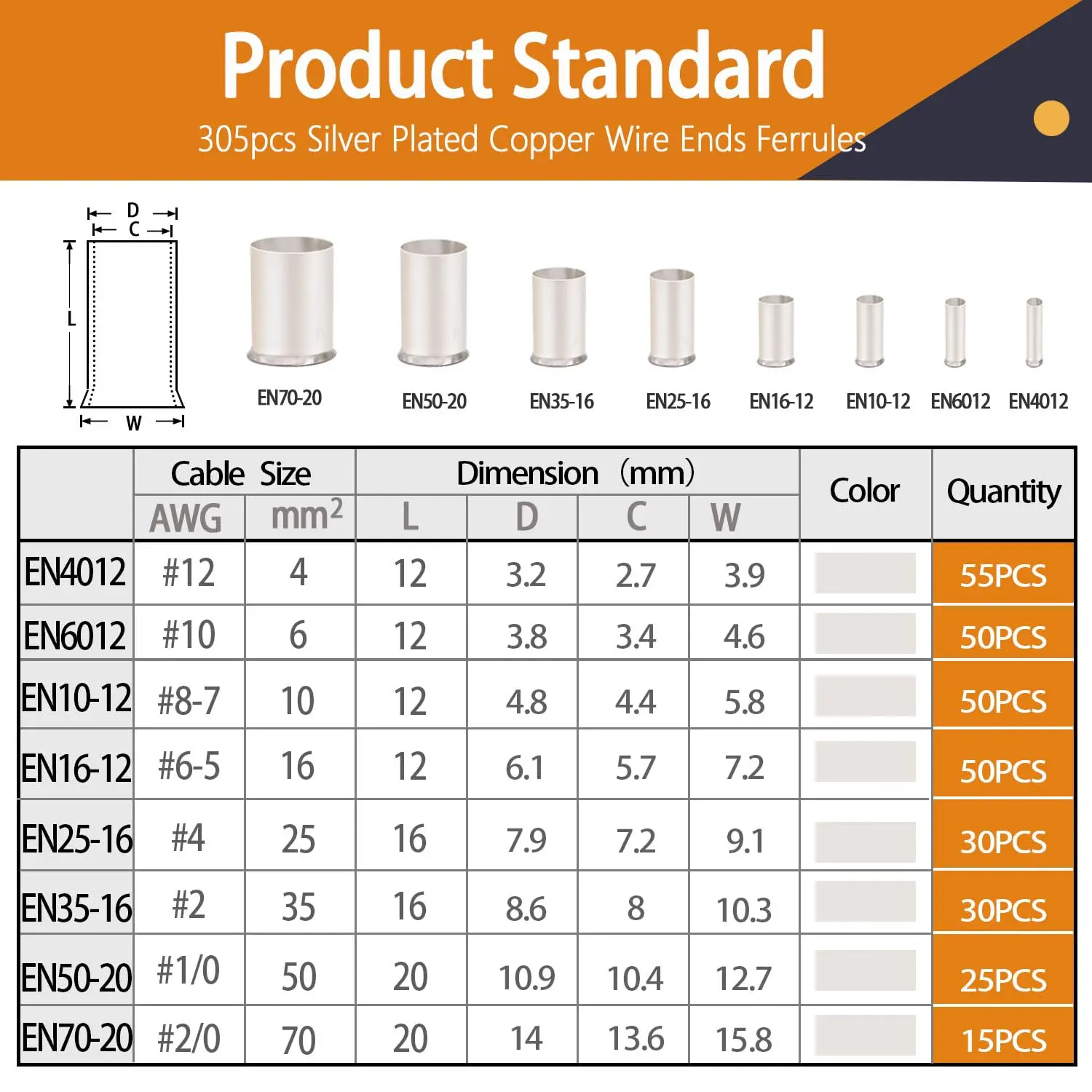 166/305 Pcs Wire Ferrules Kits Silver Plated Copper Crimp Terminal Connector 8 Sizes Sleeves Insulated Cord Pin End Terminal