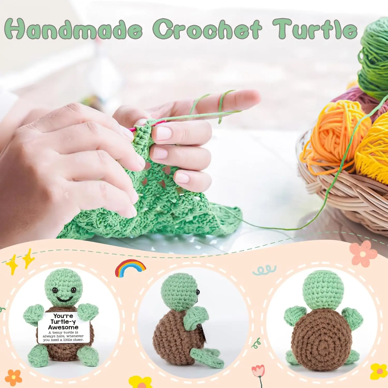 Cute Handmade Knitted Emotional Motivational Turtle Doll Home Room Decoration Funny Crochet Turtle With Positive Card Ornament