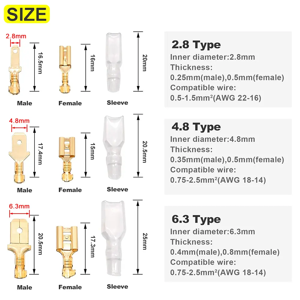 2.8/4.8/6.3mm Wire Crimp Terminals Kit Copper Male Female Wire Spade Connectors with Insulated Sleeve Electrical Conector Box