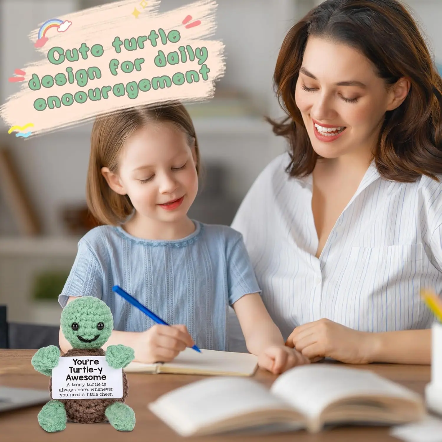 Cute Handmade Knitted Emotional Motivational Turtle Doll Home Room Decoration Funny Crochet Turtle With Positive Card Ornament