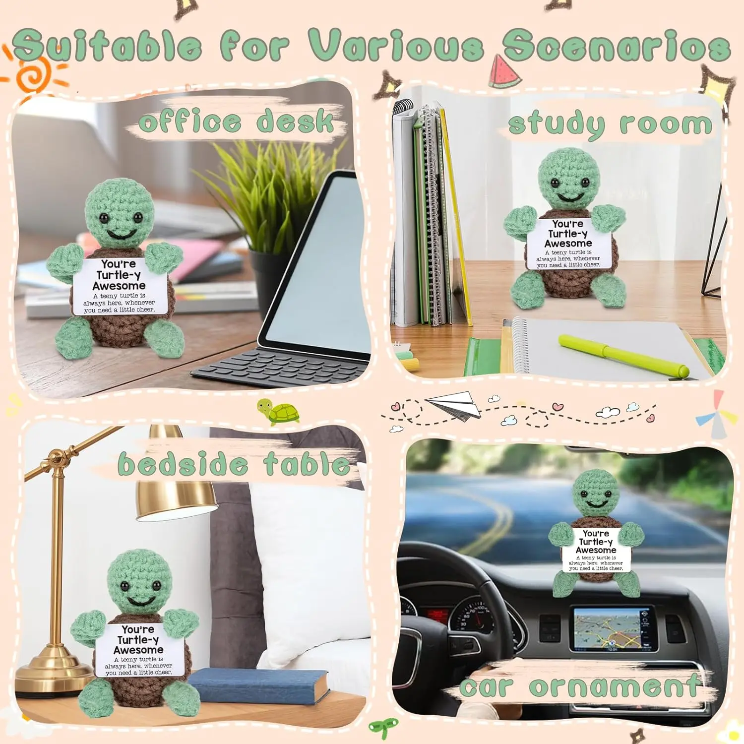 Cute Handmade Knitted Emotional Motivational Turtle Doll Home Room Decoration Funny Crochet Turtle With Positive Card Ornament