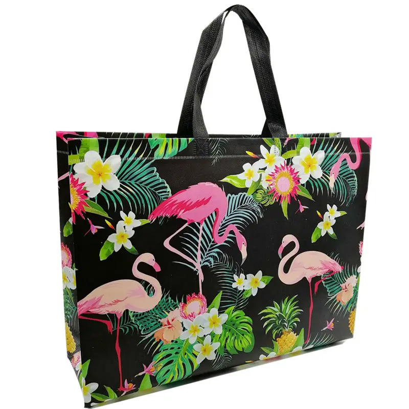 Folding Bag Creative Fashion Flamingo Printing Non-woven Fabric Folding Bag Black Multiple Flamingo Covered Shopping Bag