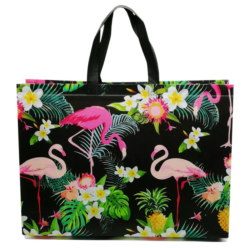 Folding Bag Creative Fashion Flamingo Printing Non-woven Fabric Folding Bag Black Multiple Flamingo Covered Shopping Bag