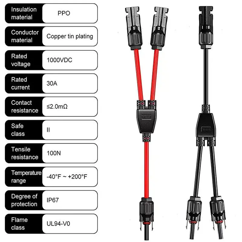 Power Solar Connectors 30A Y-Branch Cable, Solar Cable Parallel Adaptor in Pair for Solar Panel 1*M/FF+1*F/MM black red Power
