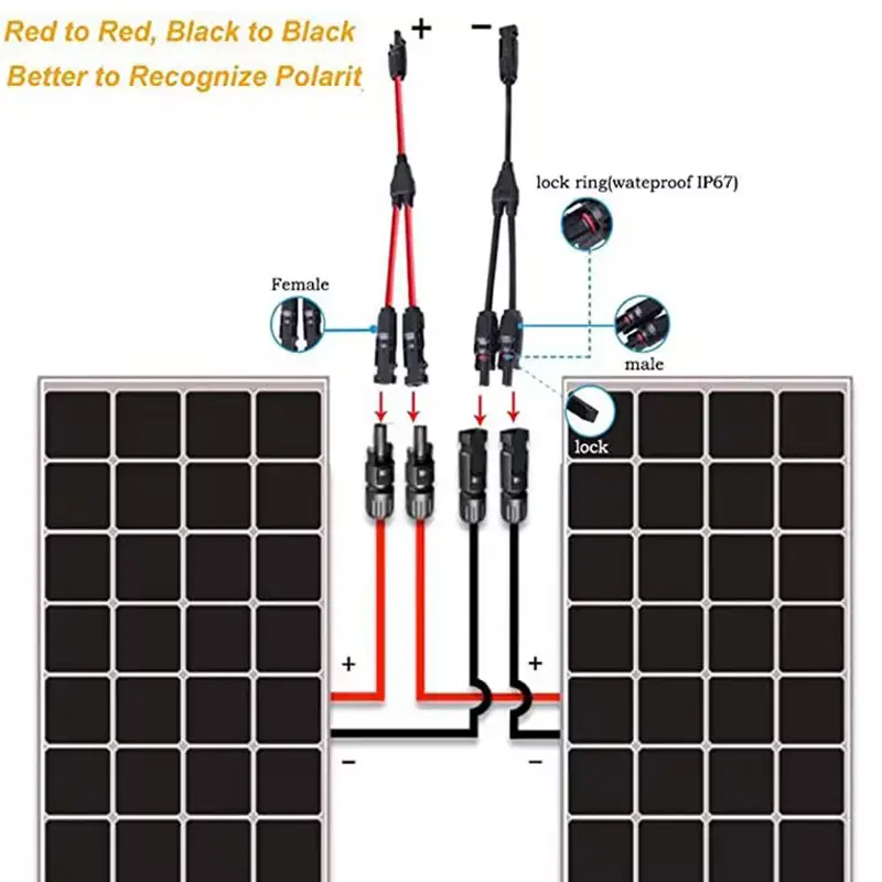 Power Solar Connectors 30A Y-Branch Cable, Solar Cable Parallel Adaptor in Pair for Solar Panel 1*M/FF+1*F/MM black red Power
