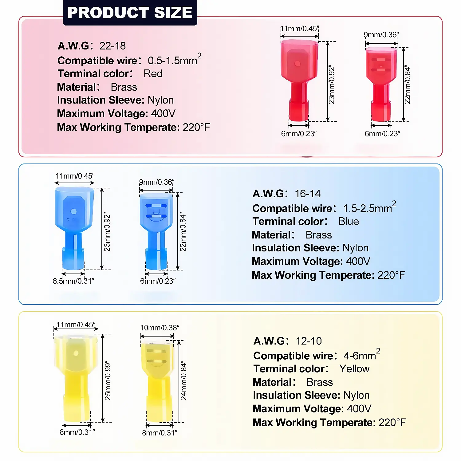 100/80/60 pcs nylon spade wire connector, 22-10 awg gauge electrical fully insulated crimps terminal connectors