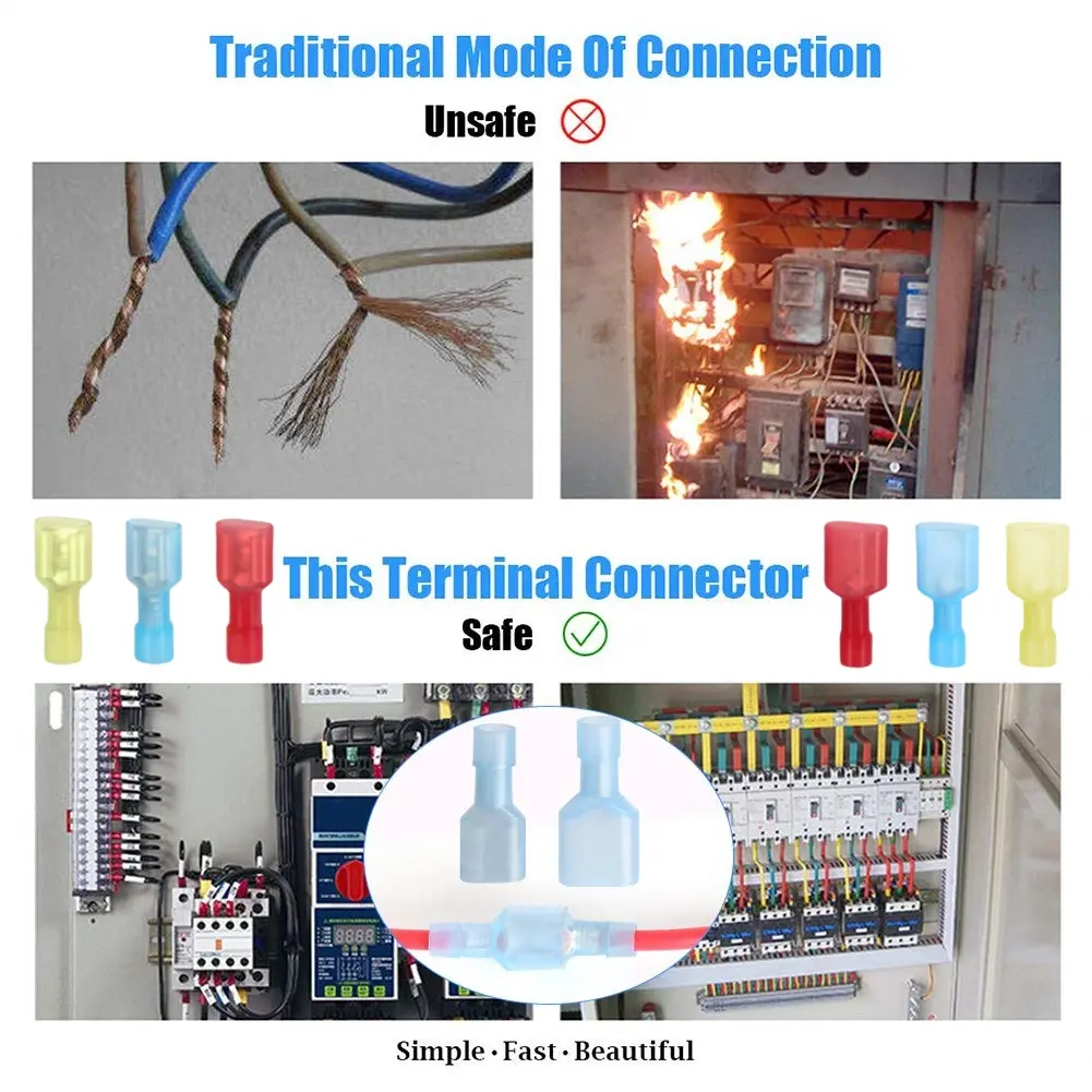 100/80/60 pcs nylon spade wire connector, 22-10 awg gauge electrical fully insulated crimps terminal connectors
