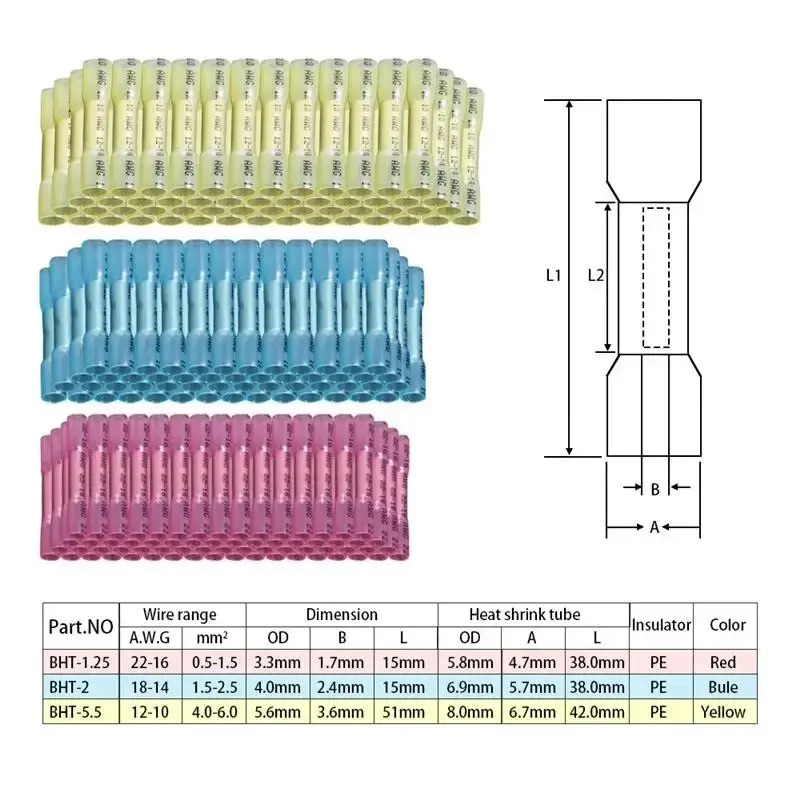 50Pcs Heat Shrink Butt Wire Connectors Waterproof Insulated Automobile Wire Cable Crimp Terminals 26-10 AWG