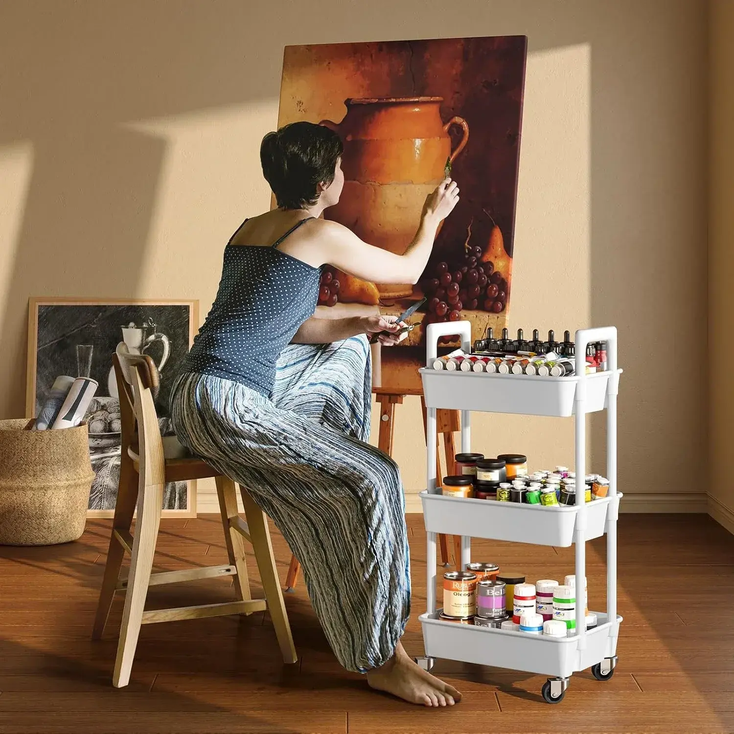 3 - Tier Utility Rolling Cart with Reinforced Handles:Versatile for Kitchen, Bathroom,Craft Room & More,Ideal for Multiple Rooms