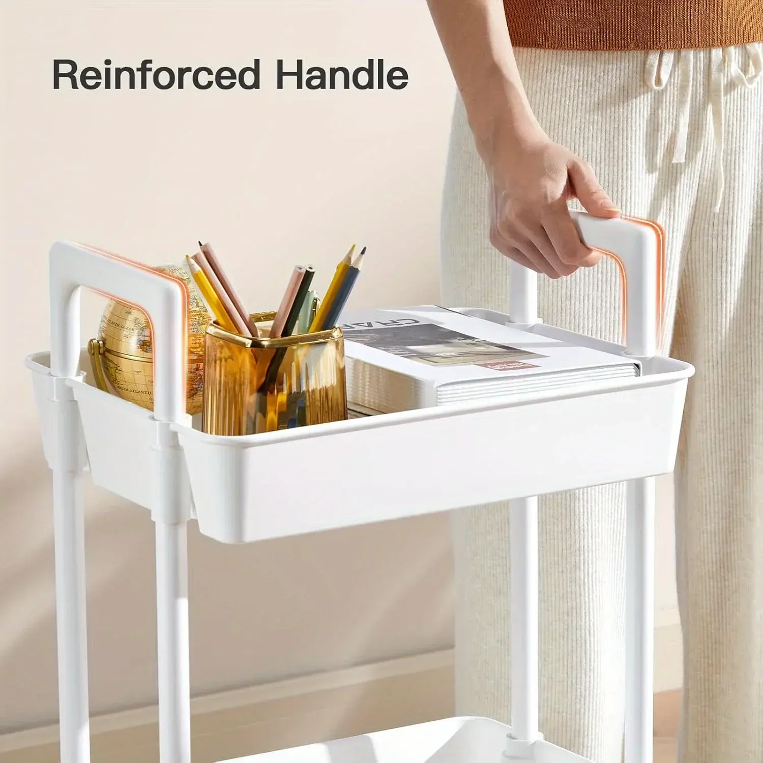3 - Tier Utility Rolling Cart with Reinforced Handles:Versatile for Kitchen, Bathroom,Craft Room & More,Ideal for Multiple Rooms