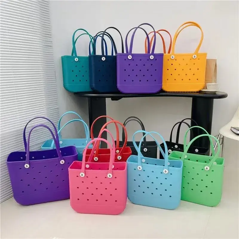 M/L/XL Beach Bag Fashion EVA Waterproof Rubber Picnic Storage Basket Travel Shopping Handbag Women Shoulder Solid Color Tote Bag