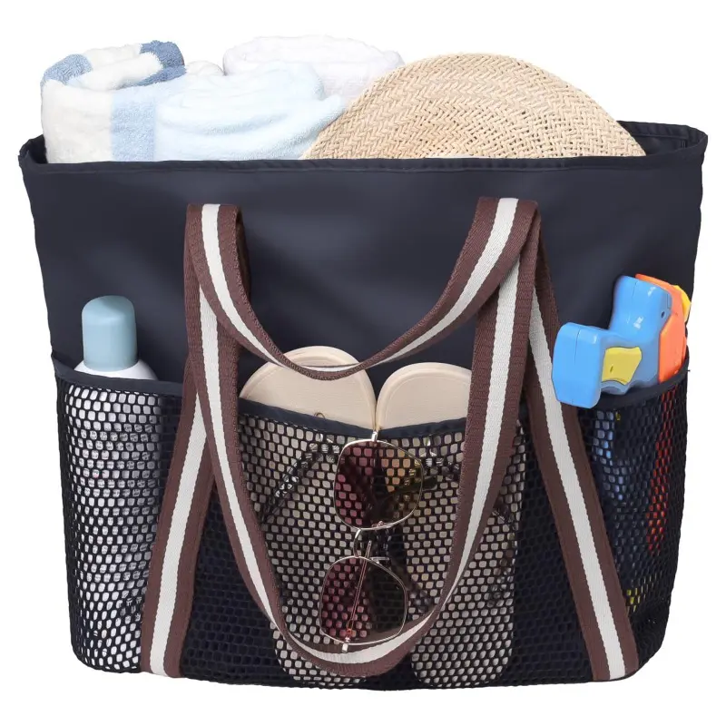 Waterproof Sandproof Large Capacity Shoulder Beach Bag  Nylon Mesh Foldable Tote for Travel Swim Pool Vacation