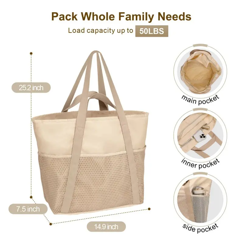 Waterproof Sandproof Large Capacity Shoulder Beach Bag  Nylon Mesh Foldable Tote for Travel Swim Pool Vacation