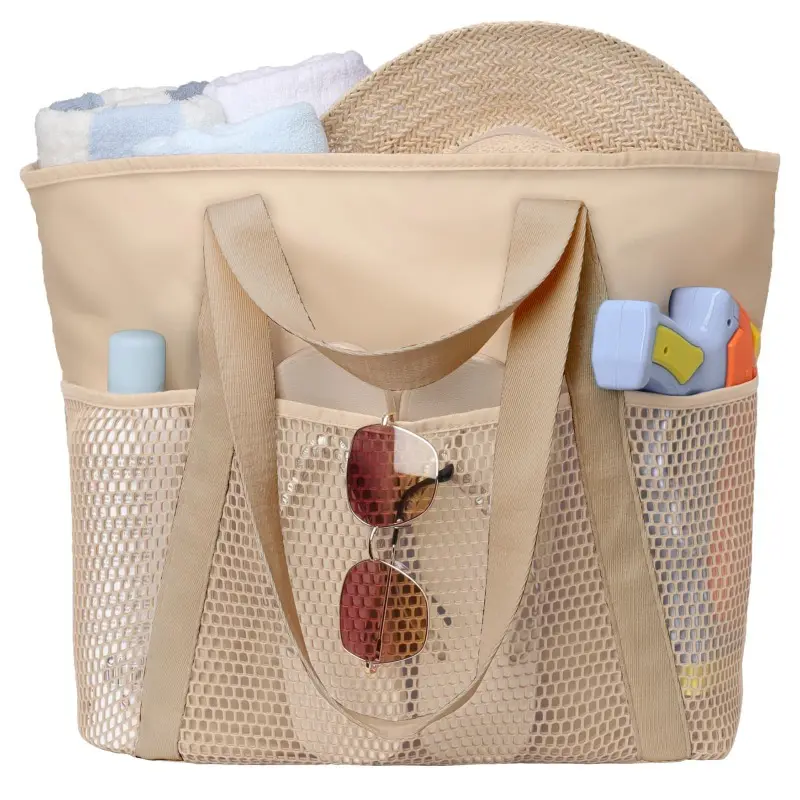 Waterproof Sandproof Large Capacity Shoulder Beach Bag  Nylon Mesh Foldable Tote for Travel Swim Pool Vacation