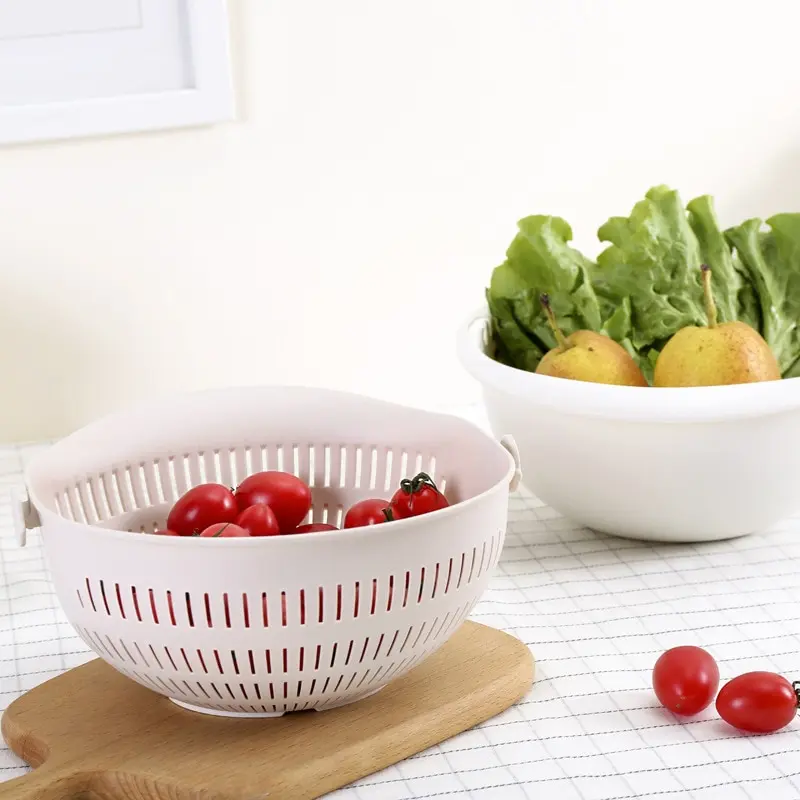 Kitchen Fruit Tray Removable Double Layer Fruit And Vegetable Basin Draining Basket Creative Household Rotating Washing Basket