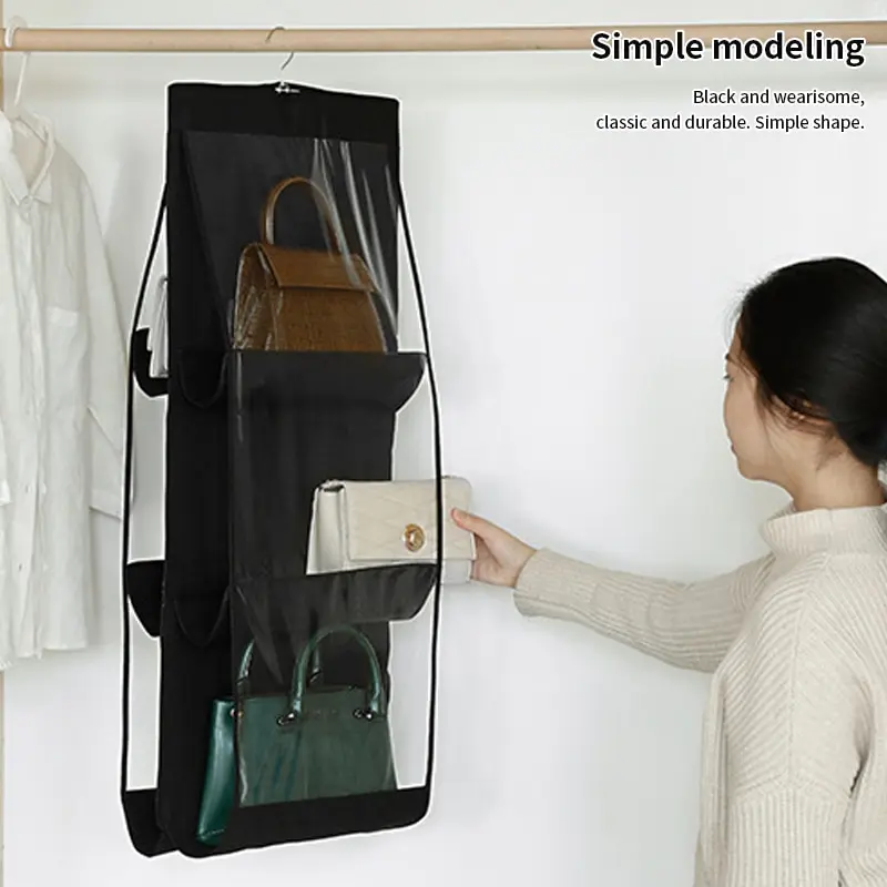Black Handbag Hanging Organizer With 6 Pockets Foldable Oxford Cloth Handbag Storage Bag For Family Closet Bedroom