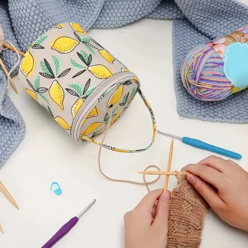 Round Wool Yarn Handheld Storage Bag Portable Knitting Bag with Its Own Thread Hole Tube Bag Crochet Hook Tool Storage Bag