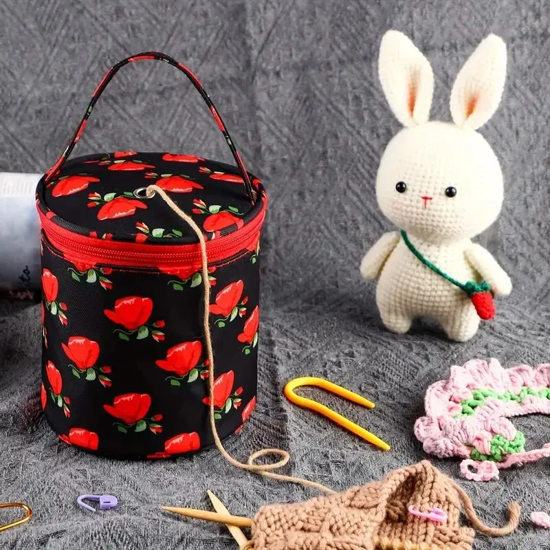Round Wool Yarn Handheld Storage Bag Portable Knitting Bag with Its Own Thread Hole Tube Bag Crochet Hook Tool Storage Bag
