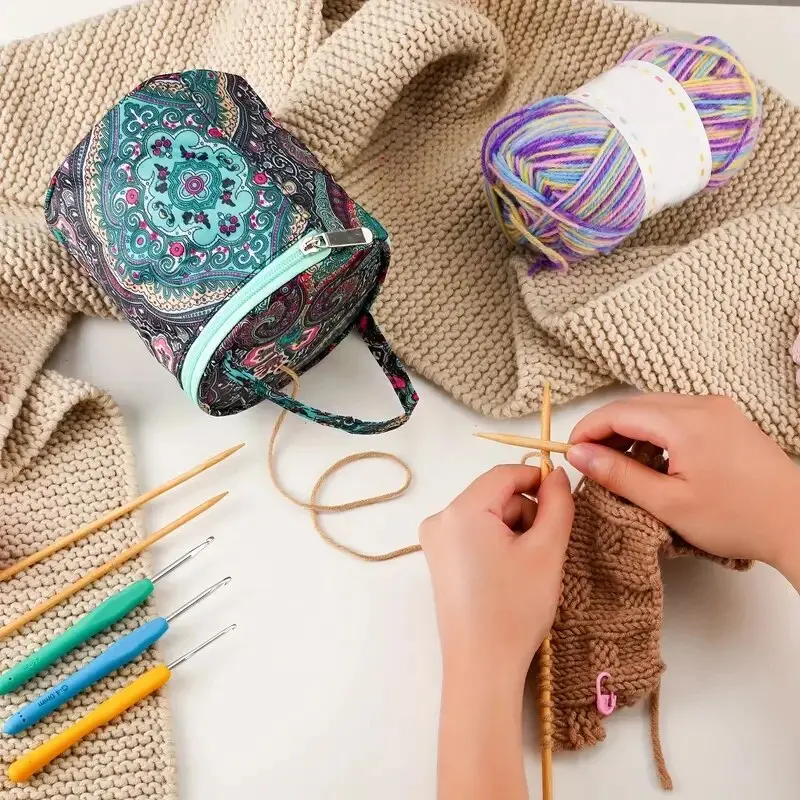 Round Wool Yarn Handheld Storage Bag Portable Knitting Bag with Its Own Thread Hole Tube Bag Crochet Hook Tool Storage Bag