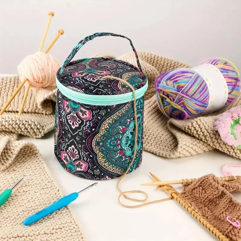 Round Wool Yarn Handheld Storage Bag Portable Knitting Bag with Its Own Thread Hole Tube Bag Crochet Hook Tool Storage Bag