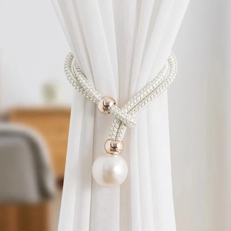 2pcs Pearl Curtain Tiebacks, Curtain Pearl Tiebacks, Decorative Fixings, Rope Curtain Tiebacks No Punch Adjustable Pull-outs