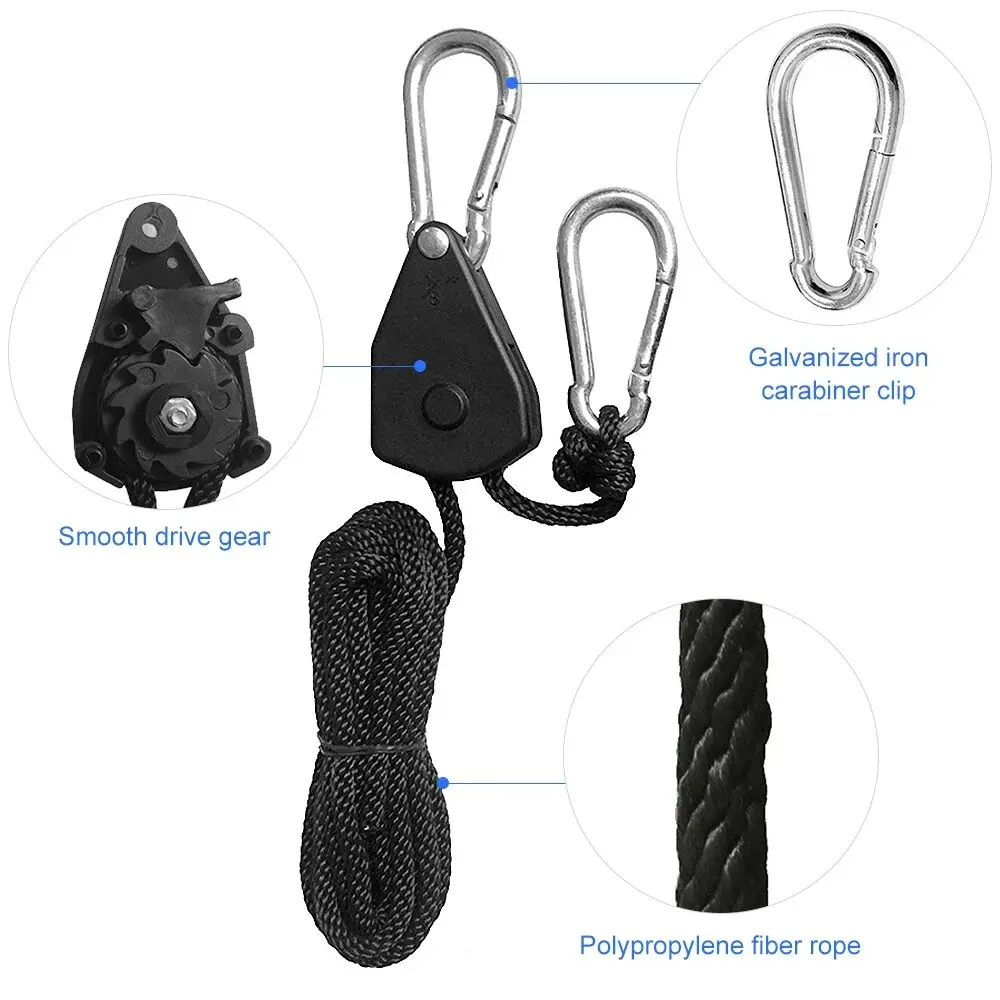 5m Adjustable 8inch Lanyard Hanging for Outdoors Camping Grow Plant Lamp Rope Ratchet Hanger Pulley Lifting Pulley Hook
