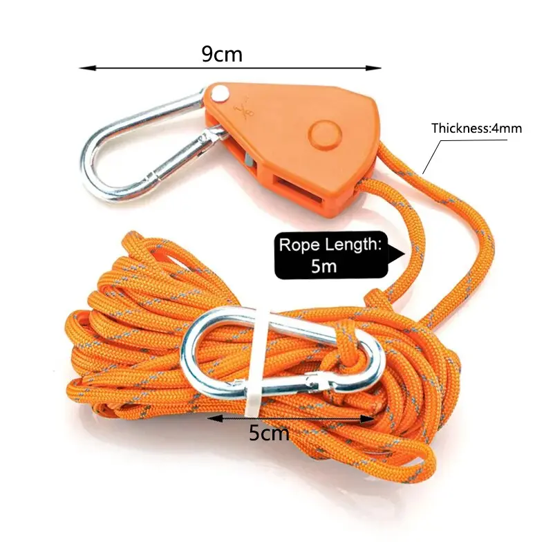 5m Adjustable 8inch Lanyard Hanging for Outdoors Camping Grow Plant Lamp Rope Ratchet Hanger Pulley Lifting Pulley Hook