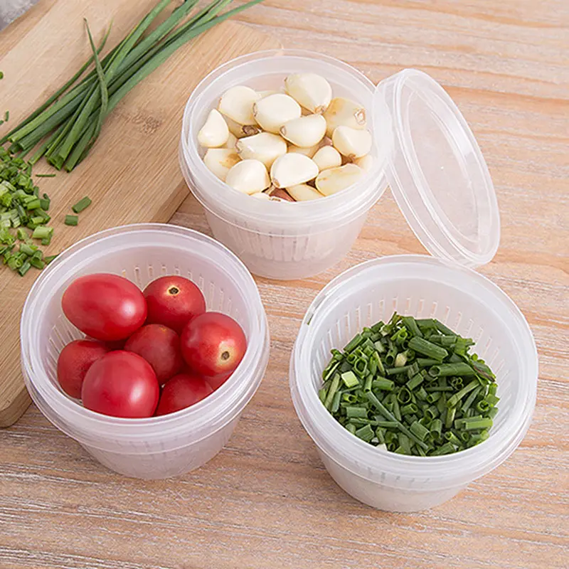Refrigerator Freshness Box Portable Round Transparent Draining Double Layer Freshness Box Home Ginger Garlic Onion Storage Box