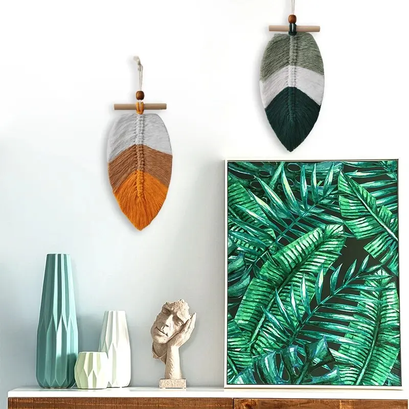 Bohemian Style Woven Leaves Hanging Wall Hanging Tapestry Set of 2 Home Decoration Cotton Thread Decorative Crafts Hangings