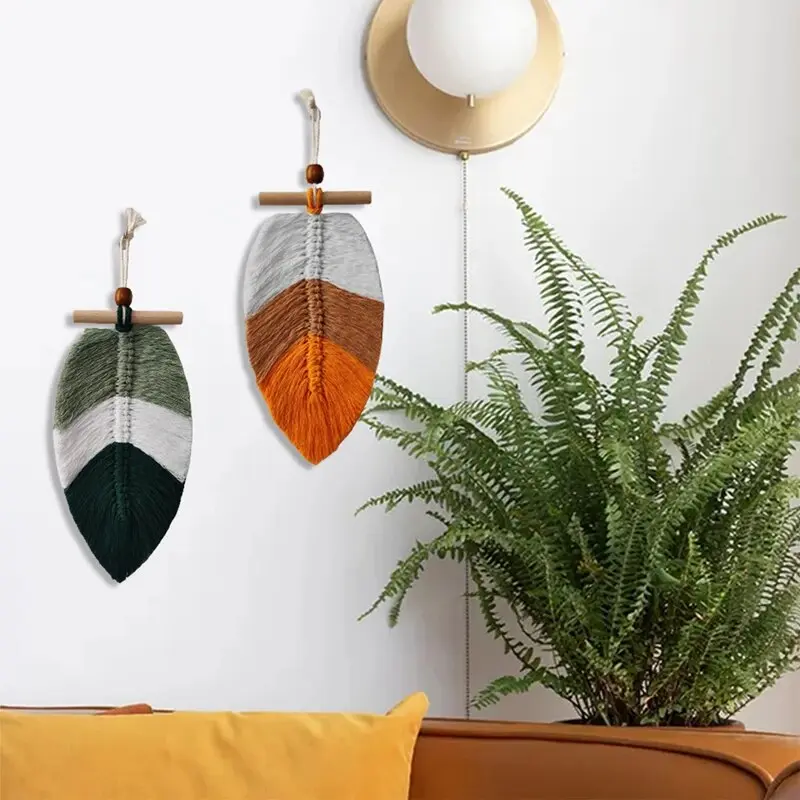 Bohemian Style Woven Leaves Hanging Wall Hanging Tapestry Set of 2 Home Decoration Cotton Thread Decorative Crafts Hangings