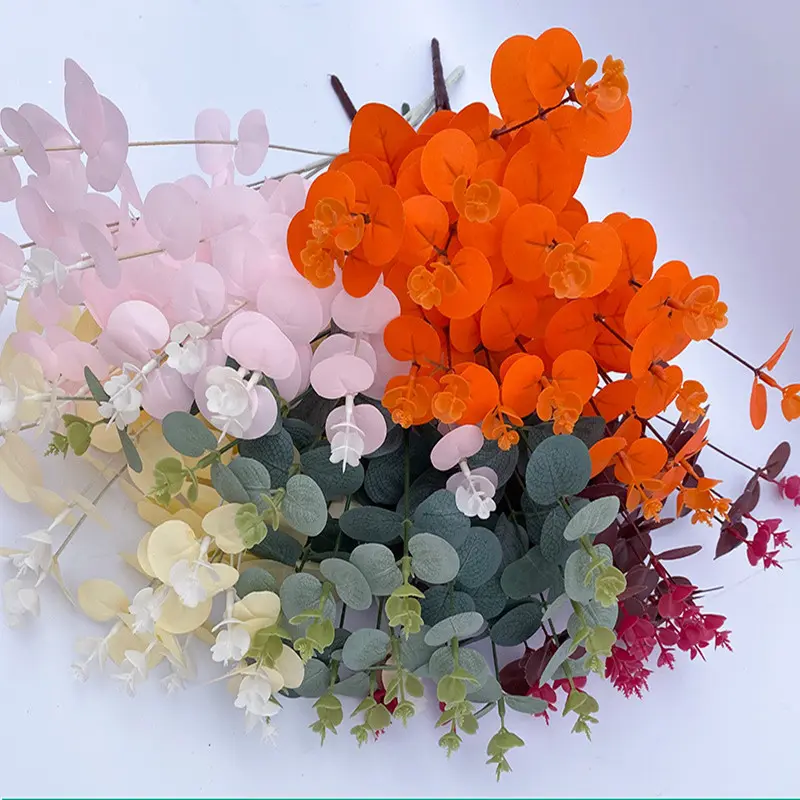 20 Heads 5 Branches Black Colorful Artificial Eucalyptus Leaves Green Plants Silk Flower Bouquet Wedding Home Party Decor Crafts