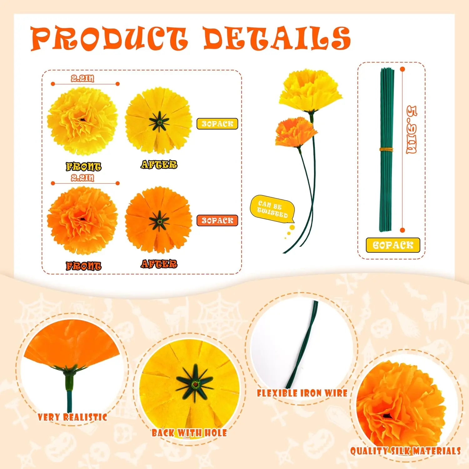 60 pcs  Artificial Marigolds with Stems Flower Heads DIY Garland for Day of The Dead Halloween Diwali Decor (Orange and Yellow)