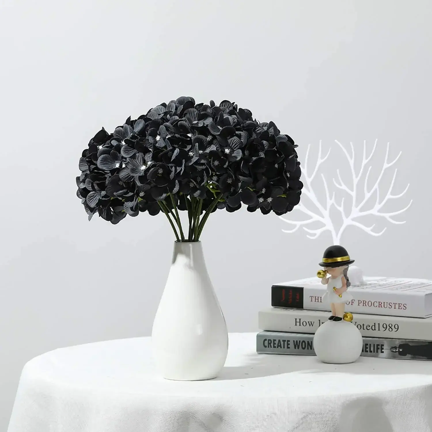 10PCS Silk Hydrangea Heads with Stems Artificial Flowers for Wedding Party Home Decor (Black)