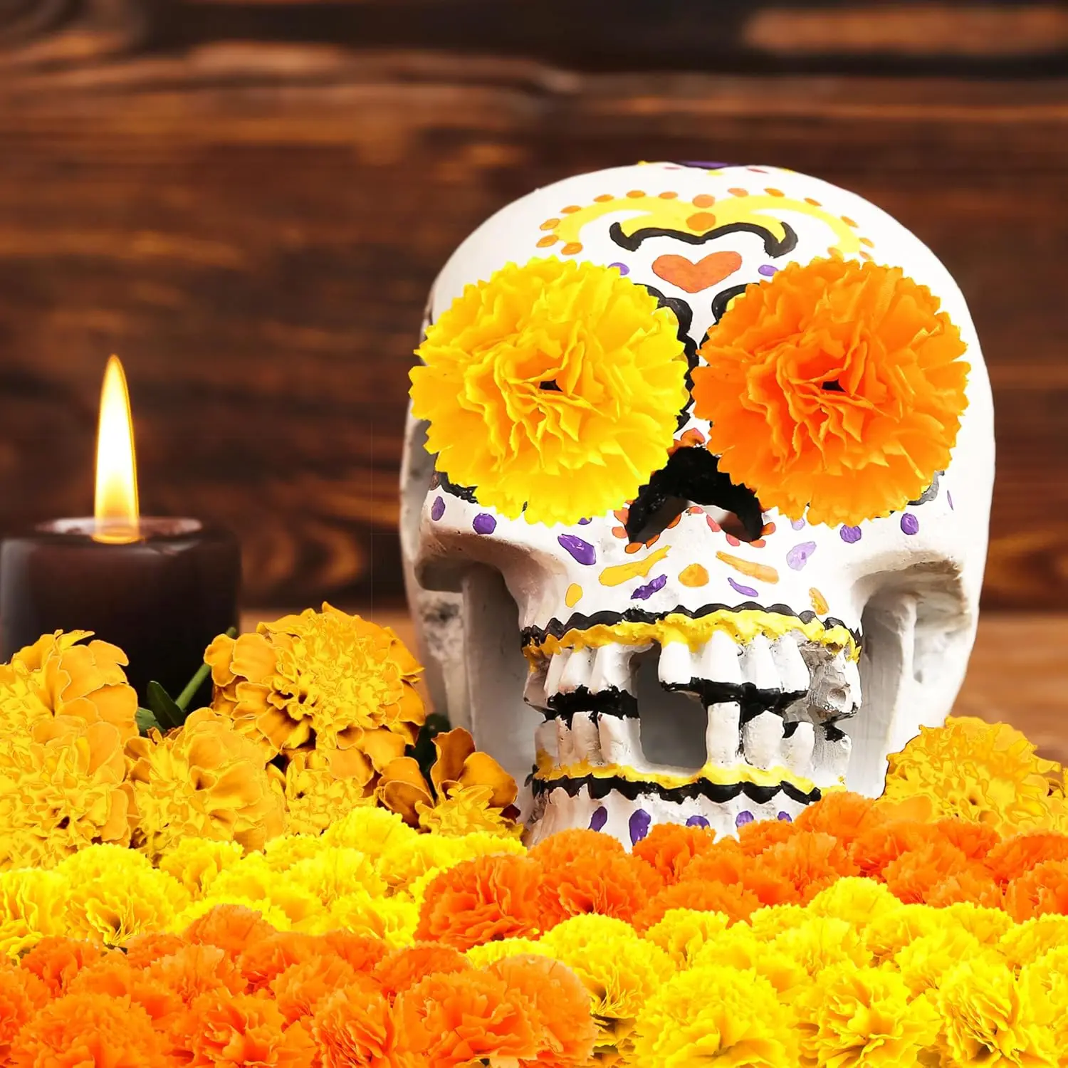 60 pcs  Artificial Marigolds with Stems Flower Heads DIY Garland for Day of The Dead Halloween Diwali Decor (Orange and Yellow)