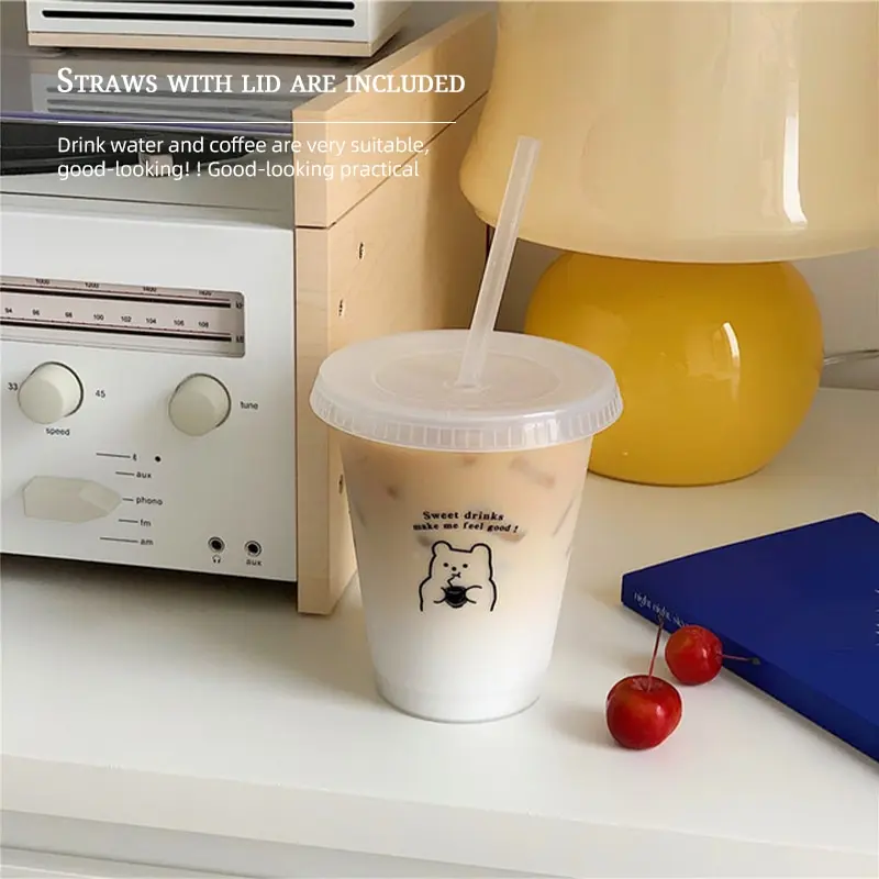 Plastic Straw Cup Large Capacity Handy Cup Drinking Coffee Milk Tea Drinks Summer Cartoon Bear Drinking Tools