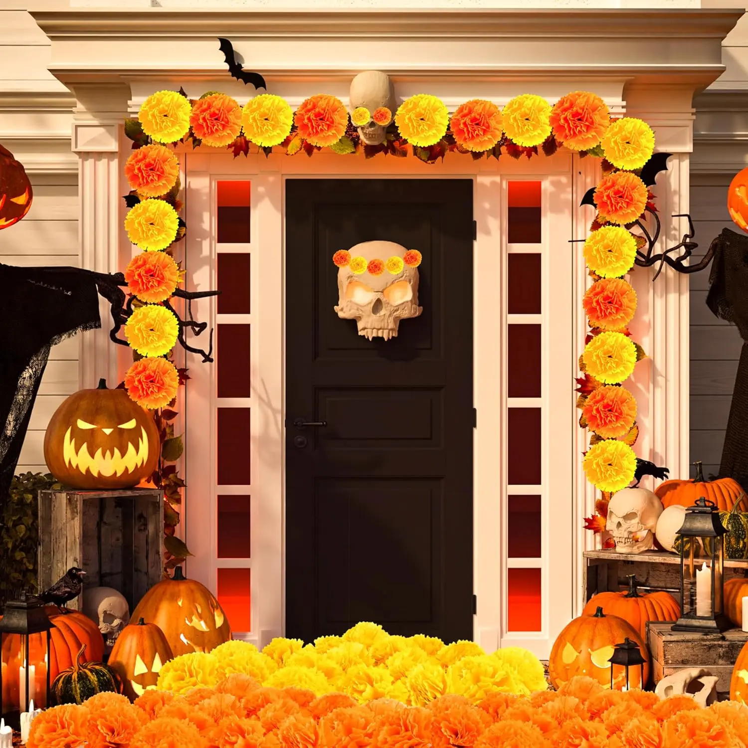 60 pcs  Artificial Marigolds with Stems Flower Heads DIY Garland for Day of The Dead Halloween Diwali Decor (Orange and Yellow)