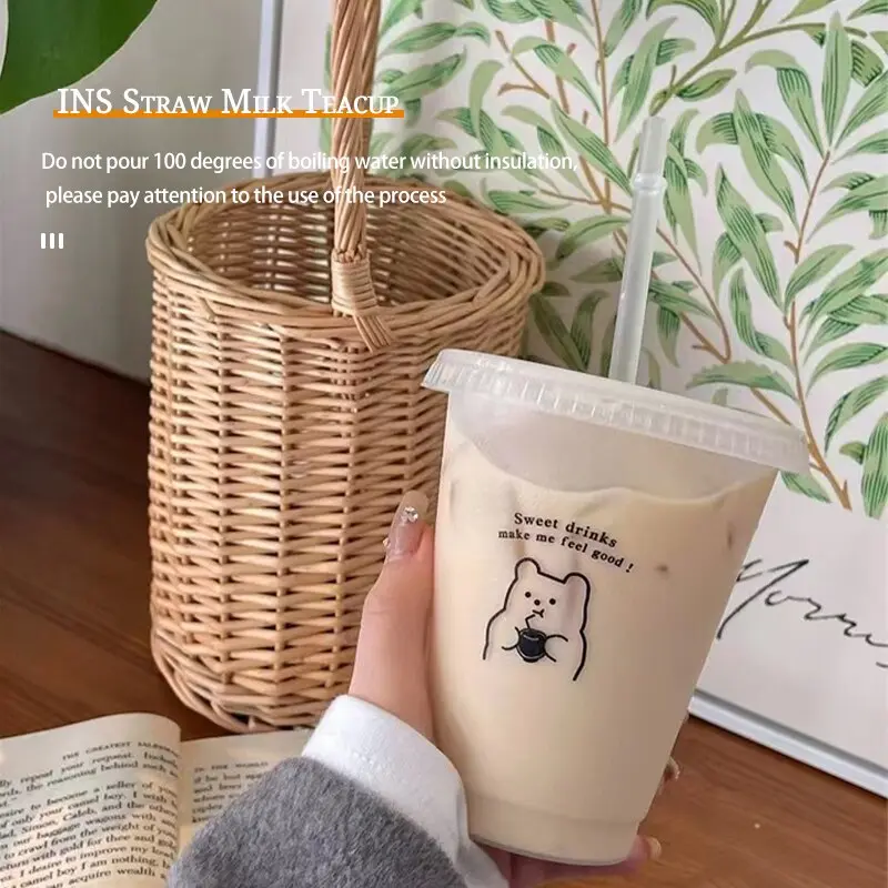 Plastic Straw Cup Large Capacity Handy Cup Drinking Coffee Milk Tea Drinks Summer Cartoon Bear Drinking Tools
