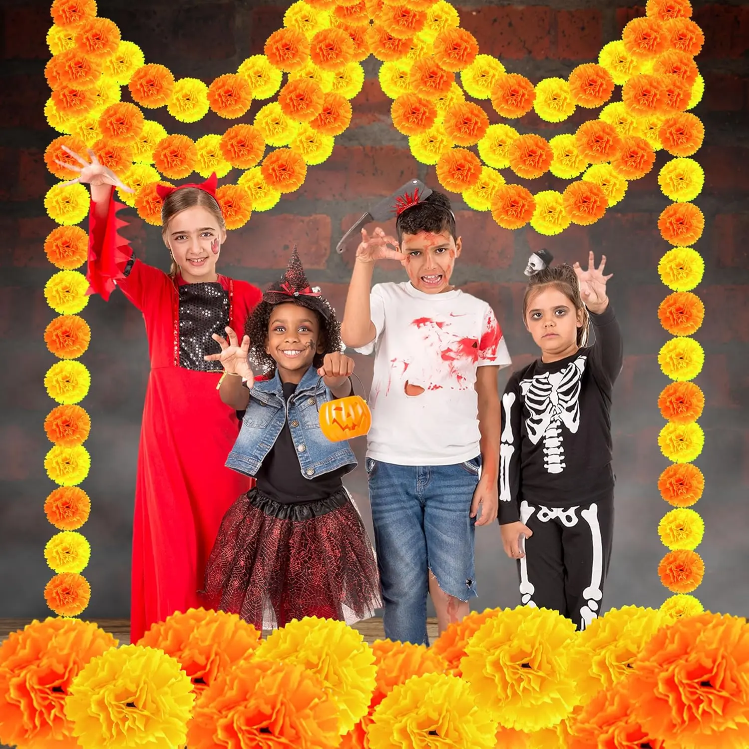 60 pcs  Artificial Marigolds with Stems Flower Heads DIY Garland for Day of The Dead Halloween Diwali Decor (Orange and Yellow)