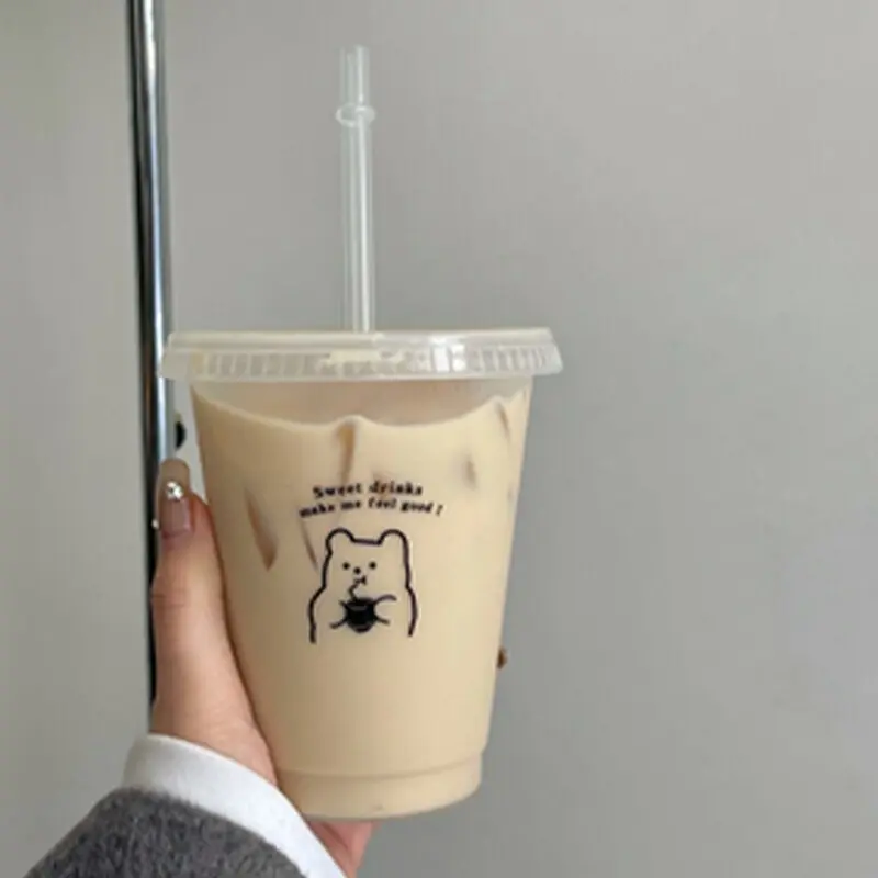 Plastic Straw Cup Large Capacity Handy Cup Drinking Coffee Milk Tea Drinks Summer Cartoon Bear Drinking Tools