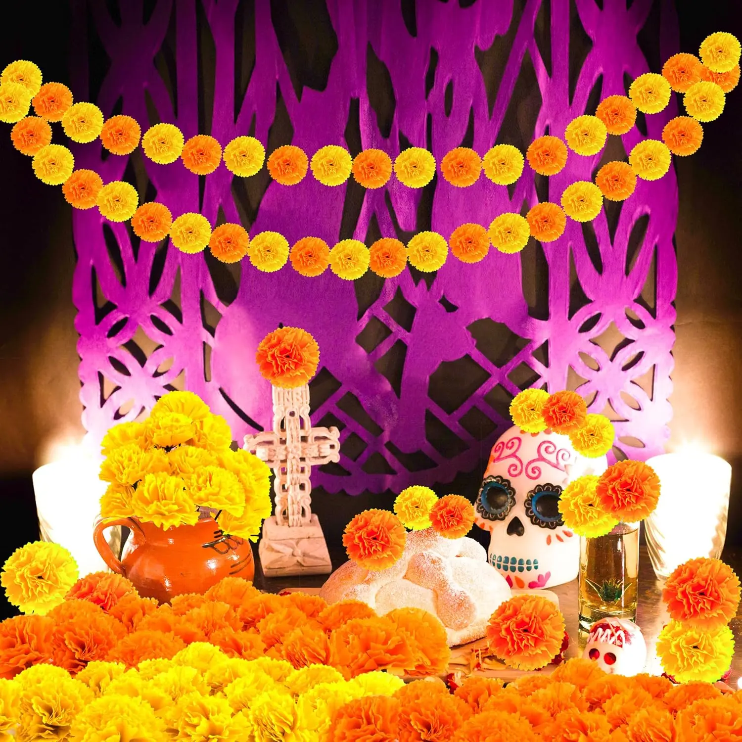 60 pcs  Artificial Marigolds with Stems Flower Heads DIY Garland for Day of The Dead Halloween Diwali Decor (Orange and Yellow)