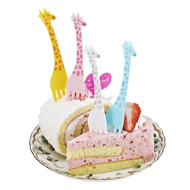 EW Giraffe Fruit Fork Cute Children's Plastic Tableware Set Creative Tableware Dessert Fork 12 PCs Set