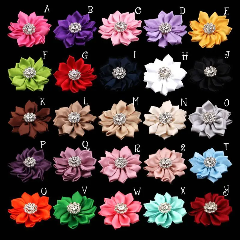 5pcs/lot  2" 25Colors NEW ARRIVAL Artificial Satin Ribbon Flowers+Alloy Rhinestone Button For Baby Girl Headbands Accessories