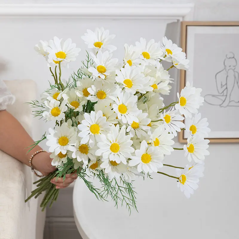 Artificial Daisy Flower Bouquet, Long Branch Bouquet, White, Non-woven, Valentine's Day, Home Decoration, Wedding, High Quality