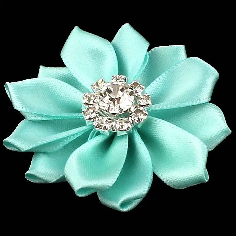 5pcs/lot  2" 25Colors NEW ARRIVAL Artificial Satin Ribbon Flowers+Alloy Rhinestone Button For Baby Girl Headbands Accessories