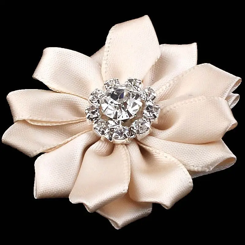 5pcs/lot  2" 25Colors NEW ARRIVAL Artificial Satin Ribbon Flowers+Alloy Rhinestone Button For Baby Girl Headbands Accessories