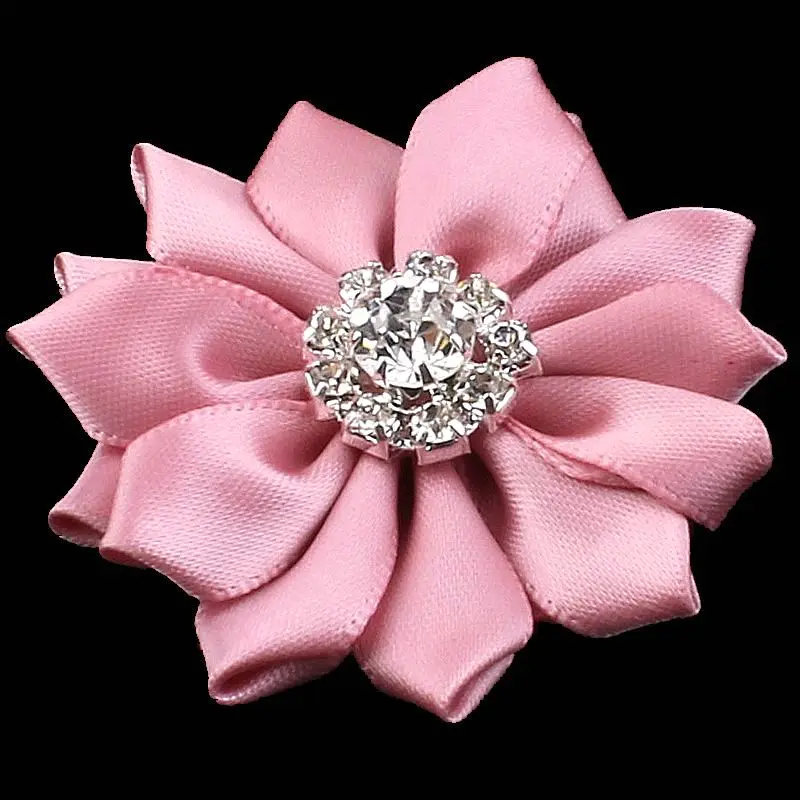 5pcs/lot  2" 25Colors NEW ARRIVAL Artificial Satin Ribbon Flowers+Alloy Rhinestone Button For Baby Girl Headbands Accessories