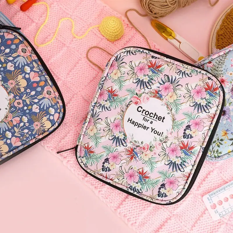 Floral Hand Knitting Kit, Crochet Hook Zip Waterproof Storage Bag, DIY Printing Storage Bag, Jumper Needle Set Storage Bag